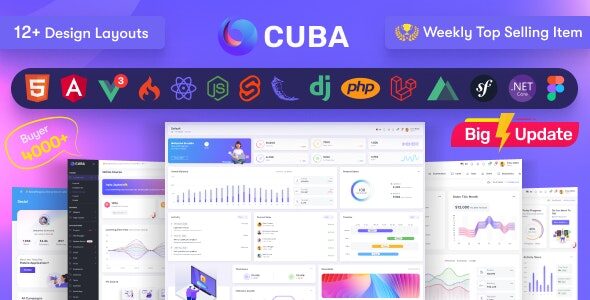 Cuba 12.1 – HTML, React, Angular 16, Vue 3 JS, Nuxt, Nodejs, Asp.Net & Laravel Admin Dashboard Template