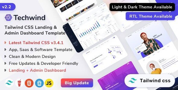 Techwind 2.2.0 – Tailwind CSS Multipurpose App, Saas & Software Landing & Admin Dashboard Template